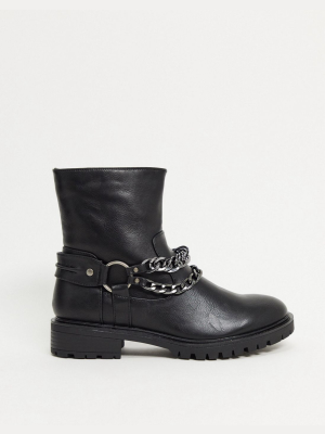 Glamorous Flat Biker Boots With Chain Detail In Black