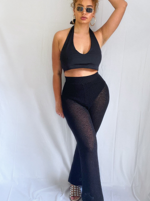 Plus Black Knit High Waist Wide Leg Pants