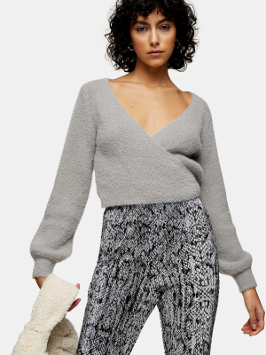 Gray Fluffy Ballet Wrap Knitted Sweater