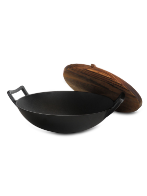 General Store Addlestone 2 Piece 14 Inch Heavy Duty Cast Iron Wok With Wood Lid
