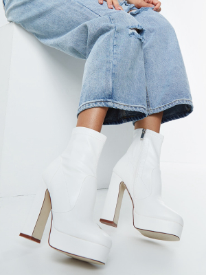 White Platform Block Heel Pu Sock Boots