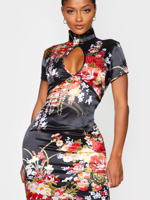 Shape Black Floral Print Satin Cut Out Bodycon...