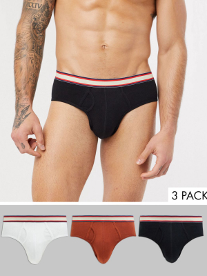 Asos Design 3 Pack Briefs In White Red And Black Organic Cotton With Striped Waistband Saving