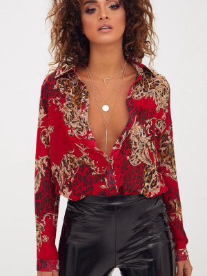 Red Baroque Print Chiffon Oversized Shirt