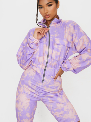 Purple Tie Dye Zip Front Long Sleeve Sweat Unitard