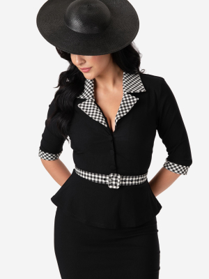 Unique Vintage 1940s Black & Gingham Peplum Cooper Suit Dress