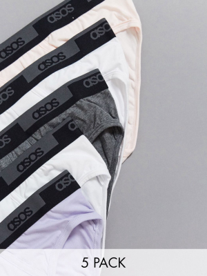 Asos Design 5 Pack Briefs With Branded Waistband Save