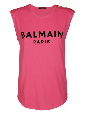 Balmain Flocked Logo Button Detail Tank Top