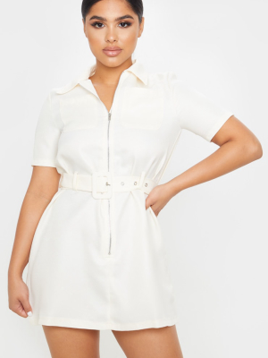 Petite Ecru Zip Detail Belted Utility Dress