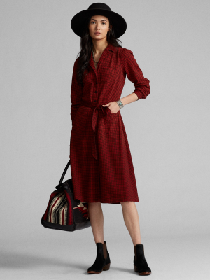 Belted Houndstooth Cotton Shirtdress