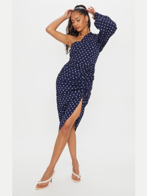 Navy Polka Dot One Shoulder Ruched Split Midi...