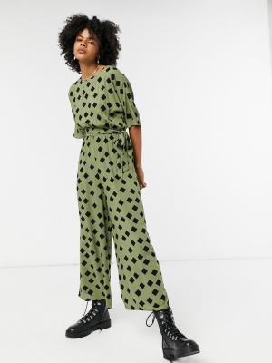 Asos Design Tie Waist Jumpsuit In Khaki Graphic Print