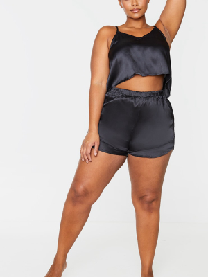 Plus Black Satin Frill Cami Short Pj Set