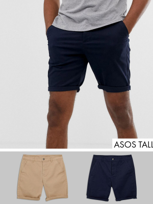 Asos Design Tall 2 Pack Slim Chino Shorts In Stone & Navy Save