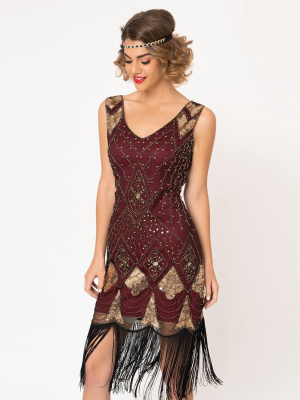 Unique Vintage Burgundy & Gold Sequin Lina Fringe Flapper Dress