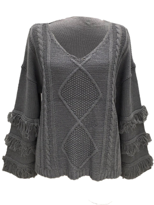 'elise' V-neck Cable Knit Fringe Sleeve Sweater (7 Colors)