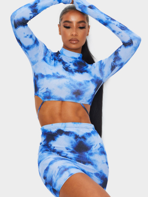 Blue Tie Dye Ribbed Strappy Cut Out Tie Detail...