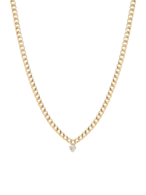 14k Small Curb Chain Necklace With Single Prong Diamond