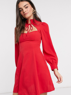 Asos Design High Neck Dress With Sweetheart Cut Out Detail In Red