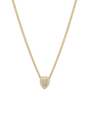 14k Extra Small Curb Chain Necklace With Pear Diamond And Pave Halo