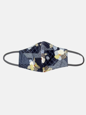 Face Mask, Indigo Quilted Patchwork Style, Flowers (filter Pocket)