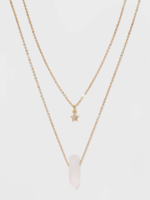 Semi-precious Quartz Crystal And Star Layered Short Necklace - Gold