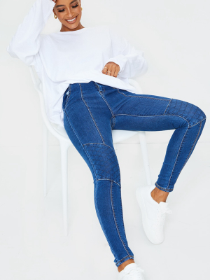 Dark Blue Wash Denim Biker Jeans