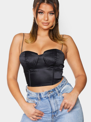 Black Satin Seashell Cup Bustier Crop Top