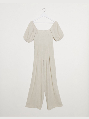 Asos Design Square Neck Linen Jumpsuit With Tie Back Detail In Cream