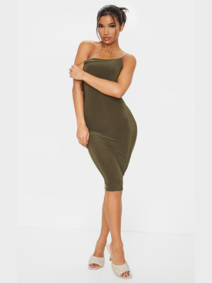 Khaki Slinky Spaghetti Strap Midi Dress