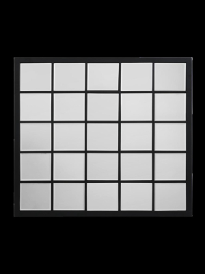 Rectangular Black Metal Grid Mirror With Paned Beveled Glass