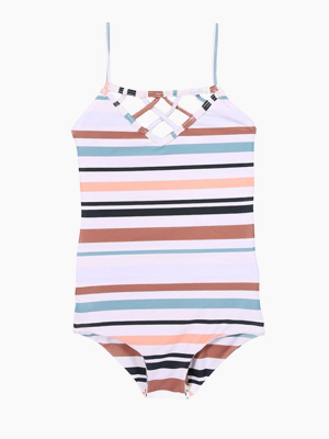 Sao Paulo Strappy Caged One Piece Swimsuit (kids) - Riviera Stripe Print