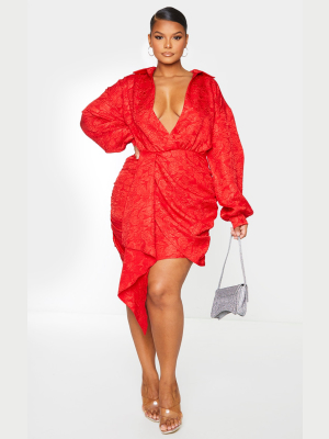 Plus Red Textured Floral Wrap Dress