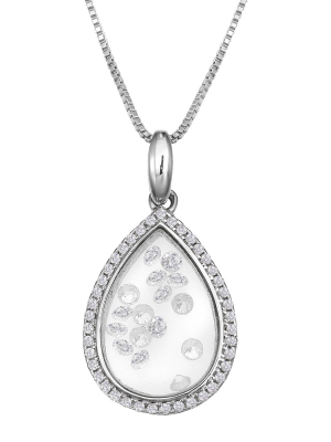 Sterling Silver Teardrop Locket With Floating Clear Cubic Zirconia Necklace - Silver/clear (18")