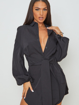 Black Tie Waist Elasticated Puff Cuff Shirt Dress