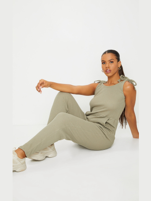 Sage Green Cotton Waffle Tie Strap Jumpsuit