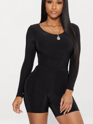 Black Second Skin Long Sleeve Thong Bodysuit