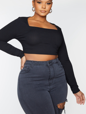 Plus Black Rib Square Neck Long Sleeve Crop Top