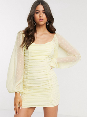 Asos Design Ruched Bodycon Mini Dress With Balloon Sleeves In Dobby