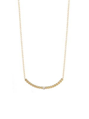 14k Tiny Bead Curved Bar Necklace With Diamond