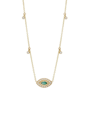 14k Marquise Emerald Diamond Halo Necklace With Dangling Diamonds