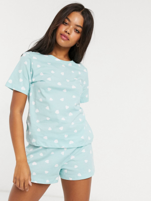 Asos Design Heart Tee & Shorts Pajama Set In Mint