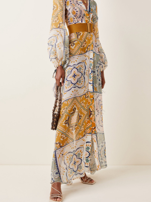 Inagua Belted Feather-tipped Mosaic-print Silk Georgette Maxi Dress