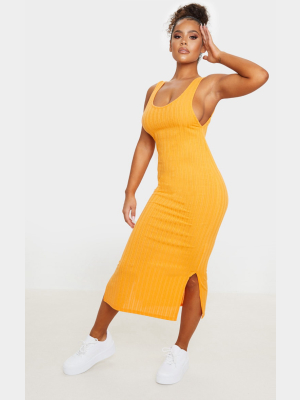 Orange Knitted Rib Scoop Detail Split Midi Dress