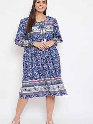 Drawstring Blue Polyester Dress - Plus