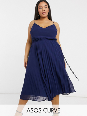 Asos Design Curve Pleated Cami Midi Dress With Drawstring Waist In Navy