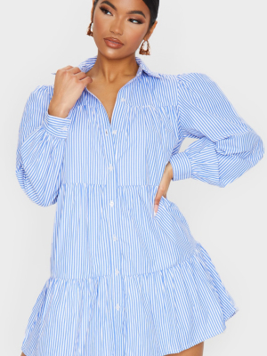 Blue Stripe Long Sleeve Tiered Shirt Dress