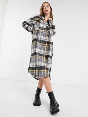 Asos Design Button Through Midi Shirt Dress In Brushed Check