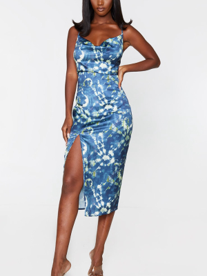 Teal Tie Dye Print Strappy Satin Cowl Midi Dress