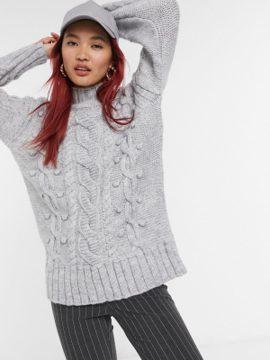 River Island Cable Knit Sweater In Light Gray Marl